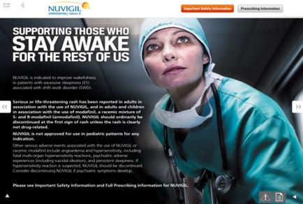 A screenshot of the homepage of the vigil website. It features a photo of a nurse wearing a green scrub suit and a stethoscope around her neck. She is looking up at the camera with a serious expression on her face. The text on the page reads "Supporting those who stay awake for the rest of us" and below the photo there is a brief description of the website's safety information. The website's logo is also visible at the top of the page.