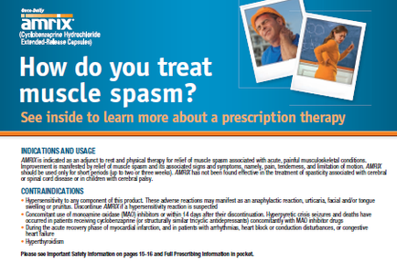An advertisement for Amrix a prescription therapy company. The background is blue and the text is white. On the right side of the image there are two photos of a man and a woman. The man is wearing an orange hard hat and the woman is wearing a yellow shirt. They are both smiling and appear to be happy. The text on the image reads "How do you treat muscle spasm? See inside to learn more about prescription therapy." Below the photos there is a list of indications and usage of the company's products. The list includes information about the company such as the product name dosage and contact information. The company's logo is also visible in the top left corner.