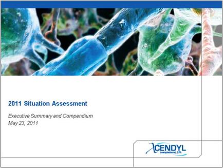 A close-up of a group of neurons. The neurons are blue and green in color and appear to be interacting with each other. The image is taken from a top-down perspective looking down on the neurons. On the right side of the image there is a label that reads "2011 Situation Assessment: Executive Summary and Compendium May 23 2011". The label also has the CENDYL logo on the bottom right corner.