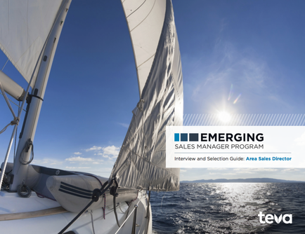 A sailboat sailing on the ocean with a clear blue sky and the sun shining brightly in the background. The boat is white and has two white sails that are billowing in the wind. The water is calm and the horizon is visible in the distance. The image is accompanied by text that reads "Emerging Sales Manager Program: Interview and Selection Guide: Area Sales Director".