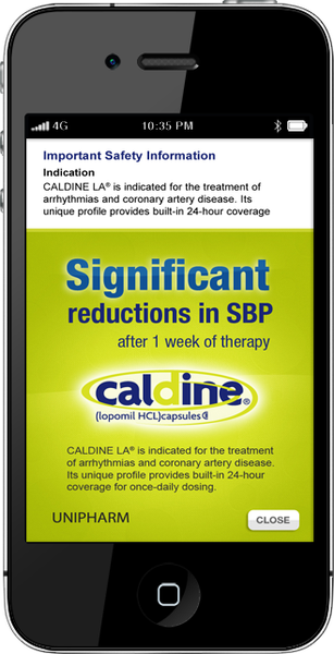 A screenshot of an iPhone screen displaying an important safety information page. The page is titled "Important Safety Information" and has a yellow background with black text. The text reads "Significant reductions in SBP after 1 week of therapy" and "calcine LA® is indicated for the treatment of arthritic and coronary artery disease. It's unique profile provides built-in 24-hour coverage." Below the text there is a description of the treatment which states that the treatment is suitable for one-day dosing. At the bottom of the page there are two buttons - "Close" and a "uniform" button.
