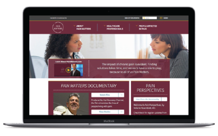 A screenshot of a website homepage for a medical professional. The website is displayed on a laptop screen. The top of the page has a maroon and white color scheme with the company's logo and contact information at the top. Below the logo there is a navigation bar with links to different sections of the website. The main content of the webpage is divided into three sections. The first section has a photo of a woman with curly hair the second section has an image of a man with a smile on his face and the third section has text that reads "Pain Matters Documentary" and "Pain Perspectives". Below the photo there are two smaller sections with information about the website's services. The text explains that the website offers pain matters documentary and pain perspectives. There is also a brief description of the services offered by the company and a link to a website for more information.