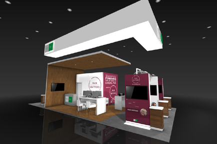 A 3D rendering of a trade show booth. The booth is divided into two sections with the left side having a wooden panel and the right side having white panels. The panels have a red and white design with the words "Furniture Market" written on them. In front of the booth there is a desk with a computer monitor and a chair. On the desk there are two computer monitors and a coffee machine. There is also a red banner with a picture of a woman and some text on it. Above the desk is a white ceiling with a green sign that reads "Exit". The booth is set up on a black floor with a reflective surface. The background is black making the booth stand out.