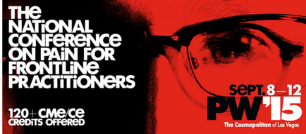A promotional poster for the National Conference on Pain for Frontline Practitioners which is taking place on September 8-12 2015 at the Cosmopolitan of Las Vegas. The poster features a close-up of a person's face with their eyes looking directly at the viewer. The background is black and the text is in white and red. On the left side of the poster there is text that reads "120+ CME/CE Credits Offered" and on the right side it reads "The Cosmopolitan Of Las Vegas". The poster also includes the date and time of the conference September 8 - 12 2015.