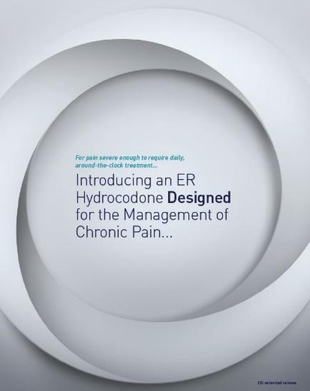 A graphic design with a white background and a circular shape in the center. The shape is made up of multiple layers of overlapping circles creating a sense of depth and dimension. In the center of the circle there is a text that reads "Introducing an ER Hydrocodone Designed for the Management of Chronic Pain..." in blue and black font. The text is centered in the middle of the image and is surrounded by a thin black border. The overall design is modern and minimalist.