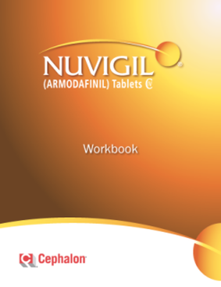 The cover of a workbook titled "vigil (Armodafinil) Tablets C". The cover is predominantly orange and yellow in color. The title of the workbook is written in bold black font at the top of the cover. Below the title there is a subtitle in smaller black font that reads "Workbook". On the bottom right corner there are two orange circles one on each side of the title. The logo of cephalic is also visible in the bottom left corner.