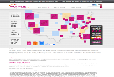 A screenshot of the homepage of a website called "glenda". The website has a white background with a map of the United States in the center. The map is made up of pink and blue squares arranged in a grid-like pattern. On the left side of the map there is a text that reads "Here's the scoop" and on the right side there are two buttons - "Hey Doc let's talk" and "Now what?". At the top of the page there has a navigation bar with links to different sections of the website. Below the navigation bar the website's logo and contact information are displayed in black text. On the bottom right corner of the image there appears to be a section titled "Important Safety Information" with a brief description of the information. The text is in a modern sans-serif font and is centered on the page.
