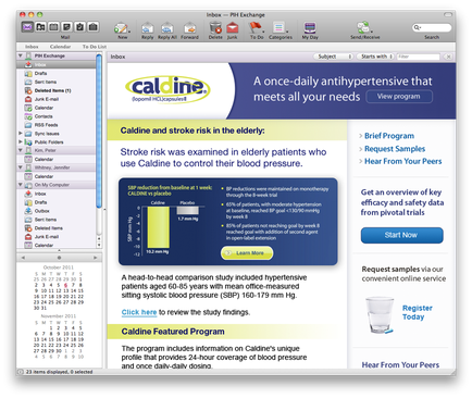 A screenshot of the homepage of a website called "calcine Featured Program". The website has a blue and white color scheme with the logo of the company at the top. Below the logo there is a title that reads "A once-daily anti-hypertensive that meets all your needs". On the left side of the page there are several tabs for different sections of the website including a search bar a menu bar and a search icon. On the right side there has a brief program section with information about the program. The program is titled "Stroke risk was examined in elderly patients who use calcine to control their blood pressure." There is also a section titled "Get an overview of key efficacy and safety data from pivotal trials" with a link to the program's website. At the bottom right corner of the image there appears to be a button that says "Register Today". There is also an image of a glass of water on the page.