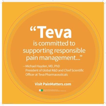 A square graphic with an orange background and white text. The text reads "tea is committed to supporting responsible pain management..." and is attributed to Michael Hayden MD PhD President of Global R&D and Chief Scientific Officer at tea Pharmaceuticals. Below the text there is a website address "Visit PainMatters.com".