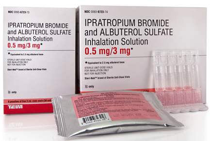 A white box with the text "IPRATROPIUM BROMIDE AND ALBUTEROL SULFATE INHALATION SOLUTION 0.5 mg/3 mg" printed on it. The box is rectangular in shape and has a red and white label on the front. On the right side of the box there is a small packet of the same solution. The packet is silver in color and has the brand name "tea" printed in black on the top left corner. Next to the packet there are six small test tubes with clear plastic caps. The test tubes are arranged in a row and appear to be empty. The background is plain white.