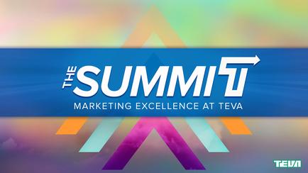 A graphic design for a conference or event called "The Summit Marketing Excellence at tea". The background is a gradient of blue pink orange and yellow with a gradient effect. In the center of the image there is a large white triangle with the word "SUMMIT" written in a modern sans-serif font. The triangle is surrounded by a rainbow-colored diagonal line. Below the triangle there are three smaller triangles in different colors - pink purple and orange. The overall design is modern and eye-catching.