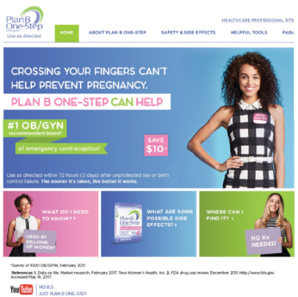 An advertisement for Plan B One-Step a healthcare professional site. The advertisement features a young woman with curly hair wearing a black and white checkered dress. She is standing with her hands on her hips and smiling at the camera. The background is blue and there is a banner at the top that reads "Crossing your fingers can't help prevent pregnancy. Plan B ONE-STEP can help." Below the banner there are three smaller banners with text that read "1 OB/GYN recommended brand of emergency contraception" and "Save $10". On the left side of the image there is an image of a woman holding a sign that says "What do I need to know?" and on the right side it says "Where can I find it? No Rx needed." The banner also mentions that the website is a website that provides information about the website's services and benefits.