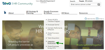 A screenshot of the homepage of the tea HR Community website. The page is divided into three sections. The top section is titled "About" and has a blue header with the company's logo and contact information. Below the header there is a search bar and a phone number. On the left side of the page there are three images. The first image is of a man and a woman both wearing glasses looking at each other with a smile on their faces. The second image is an image of a group of people with the text "Breaking the barrier Q4 people processes" above them. The third image is from the website "HR Strategy & Planning" and below it it reads "People Processes & Culture". In the center of the image there has a green arrow pointing to the "HR News" section which is highlighted in yellow. The text below the image reads "Global HR sacs Transition Program" and "Employee Central". The image also mentions that the website is a global HR program that helps people with HR issues and culture.