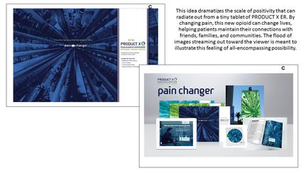 A collage of three different images. On the left side there is a black and white photograph of a cityscape with tall buildings and a blue sky. The photograph appears to be taken from a high angle looking down on the city. The buildings are arranged in a grid-like pattern with some overlapping each other. The sky is a deep blue with a few white clouds scattered throughout. On the right side of the image there are three smaller images. The first image on the left is a close-up of a person's face with their eyes closed and their mouth slightly open as if they are in a state of deep thought or contemplation. The second image is of a tablet with the word "pain changer" written on it and the third image is an open book with a blue cover. The text on the image reads "This idea dramatizes the scale of positivity that can radiate out from a tiny tablet of PRODUCT X ER. By changing pain this new opioid can change lives helping patients maintain their connections with friends families and communities. The flood of images streaming out toward the viewer is meant to illustrate the feeling of all-encompassing possibility."