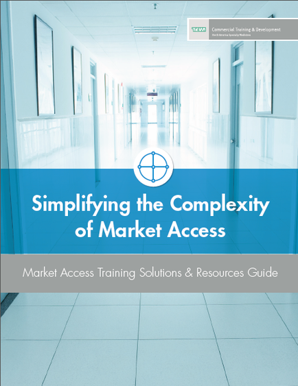 A long corridor with white walls and floor tiles. The corridor appears to be empty with no people or other objects in sight. The ceiling is high and has recessed lighting. On the right side of the image there is a blue banner with white text that reads "Simplifying the Complexity of Market Access: Market Access Training Solutions & Resources Guide". On the left side there are several framed pictures hanging on the wall. The overall color scheme of the corridor is blue and white.