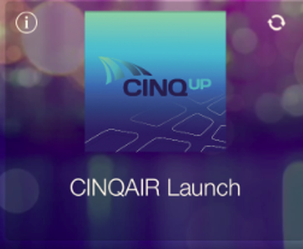 A screenshot of the cinquain Launch app. The background is a gradient of purple and blue with bokeh lights. In the center of the image there is a square-shaped logo with the text "cinque" written in white. The logo is in the shape of a wave and is surrounded by a blue and green gradient. Below the logo the text is written in a modern sans-serif font. The overall design of the app is minimalist and modern.