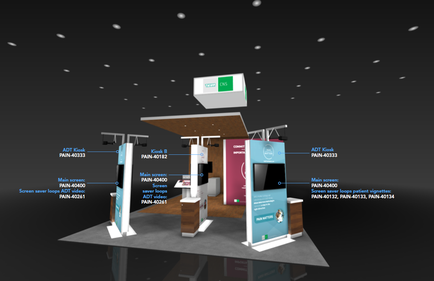 A 3D rendering of a trade show booth with a black background and white dots scattered throughout. The booth is divided into three sections each with a different design and color scheme. The first section on the left side of the booth has a blue and white color scheme with the words "ADT" written on it. The second section has a white and blue color scheme the third section has an image of a computer screen and the fourth section has two blue and pink color schemes. In the center of the image there is a large white sign with a green and white logo on it which appears to be a logo for a company or organization. Above the sign there are several smaller white signs with blue and green text which likely provide information about the booth's features and capabilities. The sign on the right side has a red and white banner with the company's logo and contact information. The overall design of the booths is modern and professional with a sleek and modern look.