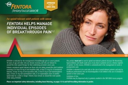 An advertisement for mentor a company that helps manage individual episodes of breakthrough pain. The advertisement features a photo of a woman with curly hair wearing a gray sweater smiling at the camera. The background is blurred but it appears to be an outdoor setting with trees and greenery. The text on the advertisement reads "mentor Helps Manage Individual Episodes of Breakthrough Pain" and "For opioid-tolerant adult patients with cancer". There is also a red arrow pointing upwards indicating that the advertisement is promoting the company's services.