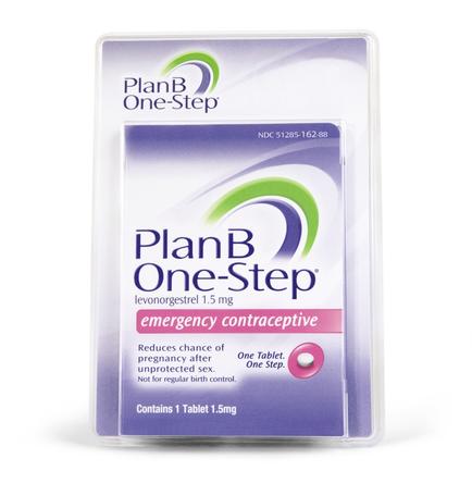 A product packaging of plan One-Step emergency contraceptive tablets. The packaging is rectangular in shape and has a purple background with a white border. The top of the packaging has the brand name "plan" in bold green letters followed by the product name "One-Step" in smaller white letters. Below that there is a description of the product which states that it is levonogestrel 1.5 mg and contains 1 tablet. The label also mentions that the product reduces chance of pregnancy after pregnancy after one tablet not for regular birth control. There is also a pink button on the bottom right corner that says "Contains 1 Tablet 1.15mg".