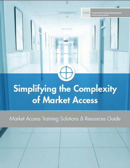 A long corridor with white walls and flooring. The corridor appears to be empty with no people or other objects in sight. The floor is made of white tiles and there are several doors on either side of the corridor. The walls are painted white and the ceiling is high with recessed lighting. The image is accompanied by text that reads "Simplifying the Complexity of Market Access: Market Access Training Solutions & Resources Guide".