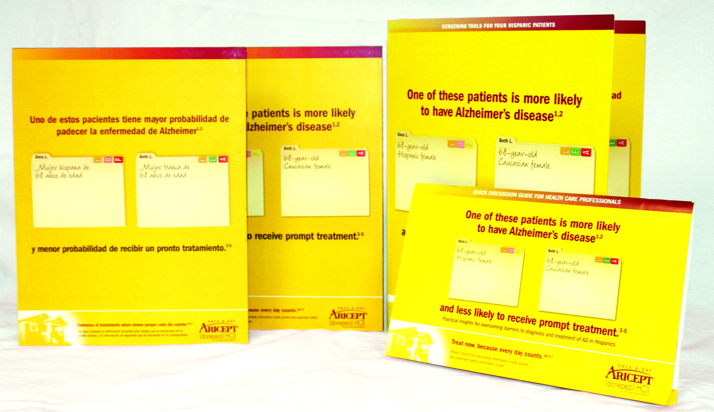 Three yellow pamphlets with red and white text on them. The pamphlets are arranged in a triangular formation with the first pamphlet on the left the second pamphlet in the middle and the third pamphlet at the bottom. All three pamphlets have a yellow background with white text and a red border. The text on the pamphlets reads "One of these patients is more likely to have Alzheimer's disease" and "And less likely to receive prompt treatment". There is also a small illustration of a house on the bottom right corner of each pamphlet.