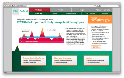 A screenshot of a webpage from a website called "mentor". The webpage is titled "In opioid tolerant adult cancer patients mentor helps you predicatively manage breakthrough pain". The webpage has a white background with a green header and footer. On the left side of the header there is a title that reads "Products" in bold black font. Below the title there are three sections. The first section is divided into three sections - "Prior Authorization Forms" "Pharmacy Resources" and "Dosing". The second section has a description of the website's services which is written in black text. The third section has an image of a graph with three red and orange bars representing the different stages of the treatment process. At the top of the page there has a search bar and a menu bar with options such as "Products" "Forms" "fans" and a resource library. There is also a button that says "Enter".