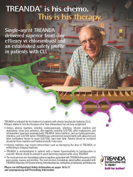 An advertisement for tread a single-agent tread a company that delivers superior front-line efficacy and an established safety profile in patients with CLL. The advertisement features a photo of tread in a workshop smiling and looking at the camera. He is wearing a plaid shirt and glasses and is standing in front of a workbench with various tools hanging on the wall behind him. The text on the advertisement reads "tread is his chemo. This is his therapy." There is also a green splatter of green paint on the left side of the image which is likely representing the company's logo and contact information. On the right side there is a purple splatter with the company name and contact details. The overall color scheme of the advertisement is predominantly green and purple.