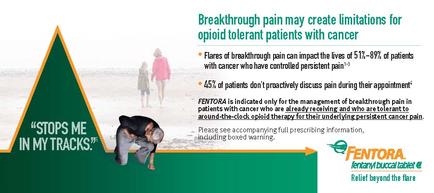 An idiographic that explains that breakthrough pain may create limitations for opioid tolerant patients with cancer. It has a green triangle on the left side with the text "STOPS ME IN MY TRACKS" written on it. On the right side there is an illustration of a person kneeling on the ground with their head in their hands looking down at the ground. In the background there are two people walking on the beach. The text on the image reads "mentor" and "Relief beyond the flare". The idiographic also mentions that flares of breakthrough pain can impact the lives of 5-7-8-9-9 of patients who have controlled persistent pain. 45% of patients don't actively discuss pain during their appointment. FENTORAA is indicated by the text.