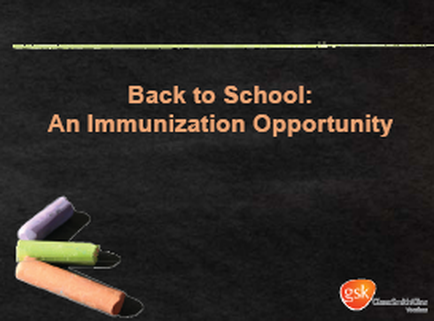 A black background with white text that reads "Back to School: An Immunization Opportunity". On the left side of the image there are three colorful chalks of different colors - purple green and orange - arranged in a diagonal line. The chalks appear to be made of chalk and are placed on a black surface. The text is written in a bold sans-serif font and is centered on the image.