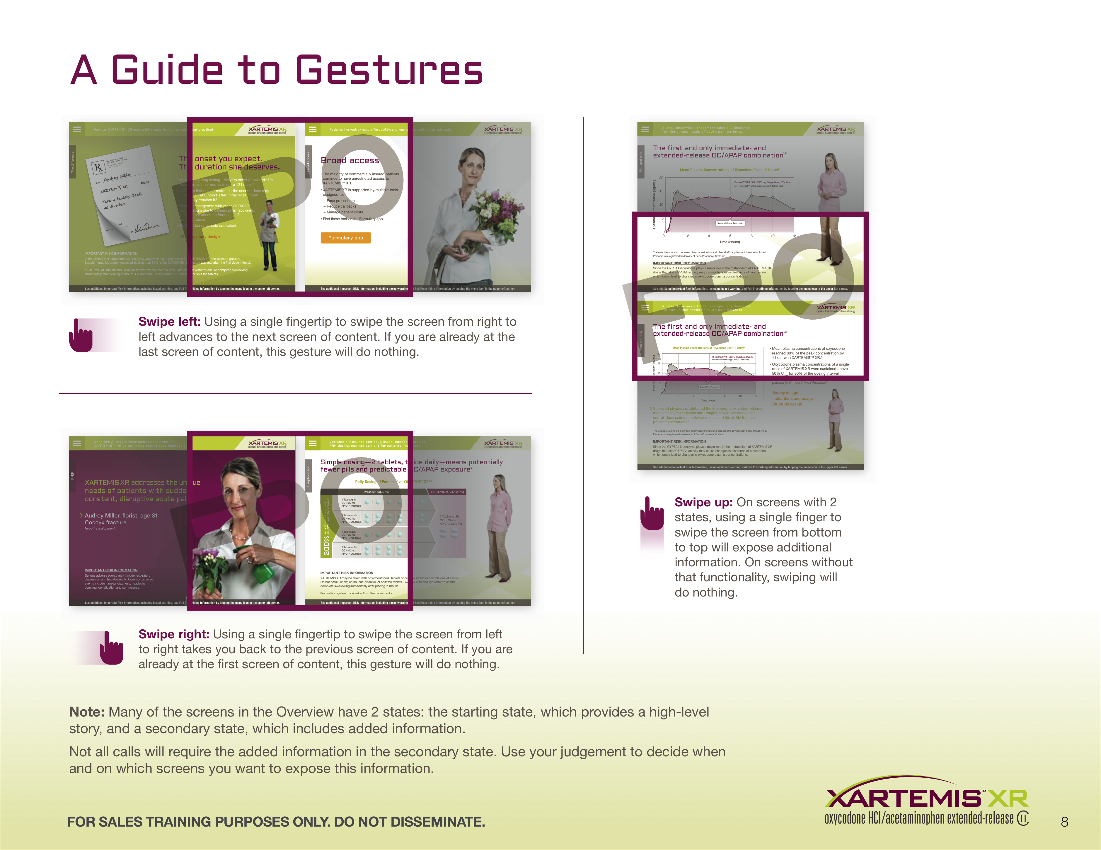 A presentation slide titled "A Guide to Gestures" with multiple sections. The first section shows a person giving a speech and using gestures such as pointing and hand movements to emphasize their words. The second section provides tips for effective gestures including maintaining eye contact keeping gestures natural and varying the size and speed of gestures. The third section demonstrates various types of gestures such as open-handed gestures closed-handed gestures and gestures involving objects. The fourth section offers advice on how to use gestures in different situations like when presenting or during conversation.