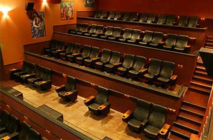 An empty auditorium with rows of black leather seats. The seats are arranged in a neat and orderly manner facing the front of the auditorium. The walls are painted in a warm orange color and there are several paintings hanging on the walls. On the right side of the image there is a staircase leading up to the second floor. The floor is made of wood and the overall atmosphere of the space is well-lit.