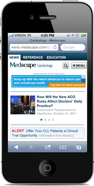 A screenshot of a mobile phone screen displaying the homepage of a news article titled "escape Cardiology - escape". The article is titled "Keep up with the latest advances in vision care and overall eye health". Below the article there is a headline that reads "How Will the New ACO Rules Affect Doctors' Daily Practice? Government Perspectives on Healthcare October 21 2011". At the top of the screen there are several tabs for news reference education and menu. The main content of the article is a photo of a group of people sitting on a couch with a blue background. Below the photo it reads "Alert: Offer Your CLL Patients a Clinical Trial Opportunity (Information from Industry)". At the bottom of the image there has a button that says "Alert".