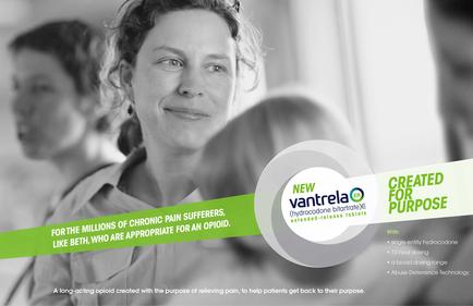 A black and white photograph of a woman with curly hair smiling at the camera. She appears to be in a room with other people in the background. The image is accompanied by text that reads "New cantrell Created for Purpose" and "For the millions of chronic pain sufferers like Beth who are appropriate for an opioid." There is also a logo for the company on the right side of the image.