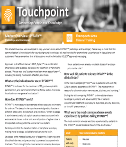 A screenshot of a webpage from the Touchpoint website. The webpage is titled "Market Overview: rotary" and has a title that reads "Therapeutic Area Clinical Training". Below the title there is a brief description of the website's content. The background of the webpage is white and the text is in black and orange. On the left side of the page there are two bullet points that explain the market overview of the company. The first bullet point explains that the company has developed a new approach to the treatment of rotary which is a type of therapy that helps people with physical and mental health issues. The second bullet point discusses how the company is using the treatment to improve their mental health and reduce stress. At the bottom right corner of the image there has a section titled "What are the most common adverse events experienced by patients taking rotary?" which provides information about the company and its services. There is also a link to the website for more information on the website.