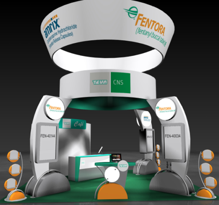 A 3D rendering of a trade show booth design for a company called mentor. The booth is white with a green and orange color scheme. The top of the booth has a large circular banner with the company's logo and name written in blue and green. Below the banner there is a sign that reads "mix" and "tea CNS". The booth is divided into two sections with the left section on the left side and the right section in the middle. The left section has a desk with a computer monitor and a keyboard and the desk is surrounded by two large screens. The right section has two smaller screens on either side of the desk displaying information about the company. There are also several orange and white circular stands around the booth which are used to display information about different types of products and services offered by the company such as tea CNS FEN-40034 and FEN40034. The stands are arranged in a semi-circular pattern with a black background. The overall design is modern and professional with clean lines and a clean and modern look.