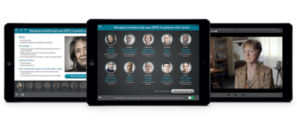 Three electronic devices - an iPad an iPhone and a tablet - displaying a video call on a website. The iPad is on the left side of the image the iPhone is in the center and the tablet is to the right. All three devices are displaying the same video call. On the iPad screen there is a profile picture of a woman with short brown hair and a serious expression. She is wearing a beige blazer and appears to be in a room with a desk and a computer monitor in the background. The text on the screen reads "Managing breakthrough pain in patients with cancer". Below the profile picture there are several smaller images of people with different facial expressions indicating that the video call is being recorded.