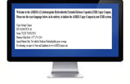 A screenshot of a computer monitor with a message on the screen. The message reads "Welcome to the mix Cyclonezapine Hydrochloride Extended-Release Capsules (EMR Copy Coupon). Please use the exact language below in its entirety to initiate the amir Copy coupon in your EMR system." The message is written in white text on a blue background. At the bottom of the message there is a link to the company's website and contact information. The company's contact information is displayed in black text on the left side of the screen and the company name and contact details are displayed on the right side. The monitor appears to be a desktop computer monitor with a black frame and a white background.