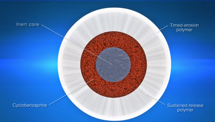 A cross-section of an eye showing the inner core timed-erosion polymer cyclobenzaprine and sustained-release polymer. The inner core is located in the center of the eye surrounded by a circular layer of red-colored granules. The granules are arranged in a radial pattern around the outer edge of the inner circle. The outer edge is labeled with the names of the components. The background of the image is blue and the eye itself is white.