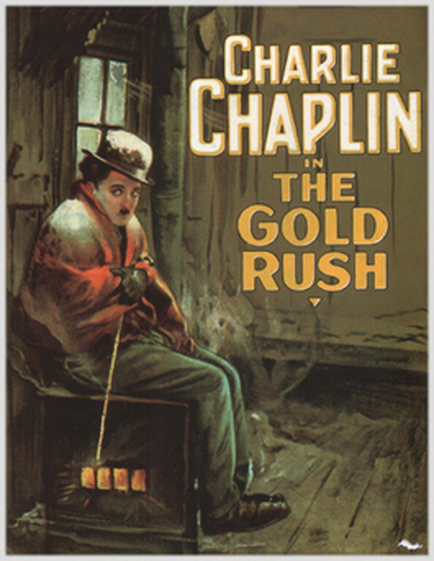 The cover of a book titled "Charlie Chaplin in the Gold Rush" by Charlie Chaplin. The cover features a young man sitting on a wooden bench in front of a fireplace. He is wearing a red coat a white hat and green pants. He has a cane in his hand and is looking off to the side with a serious expression on his face. The background is a dark room with a window and a wooden floor. The title of the book is written in gold text at the top of the cover.