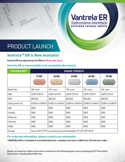 An advertisement for cantrell ER (Hydrocodone nitrate) extended-release tablets. The advertisement is promoting the product launch of the product. The background of the image is white with a blue and green circular logo on the top right corner. Below the logo there is text that reads "Product Launch" in bold black font. The main part of the advertisement is a table that lists the product's stockings and dosage strength. The table is divided into three columns with the first column listing the stockings the second column showing the dosage strength and the third column displaying the dosage. The stockings are in different colors - orange yellow and green. At the bottom of the table there are instructions on how to order the product including "For ordering information please contact your wholesaler" and "Please see important safety information continued on the following pages and return a dead Form 222 with your order."
