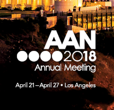 A promotional poster for the AAN 2018 Annual Meeting in Los angels California. The background of the poster is a night view of a city skyline with tall buildings and skyscrapers. The sky is dark and the buildings are lit up creating a warm glow. In the foreground there is a hill with trees and bushes. The text on the poster reads "AAN 2018" in large white letters with the words "Annual Meeting" in smaller white letters below it. The date "April 21-April 27 Los angels" is written in smaller black letters below the text.