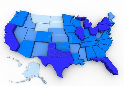 This is a map of the United States which is color-coded in various shades of blue. It also has three-dimensional elements - the "darker" blue a state is the "taller" it stands on the map. This appears to represent the number of electoral votes each state possesses in the United States Electoral College (a group of presidential electors that is formed every four years for the sole purpose of voting for the President of the United States and the Vice President of the United States in United States presidential elections).