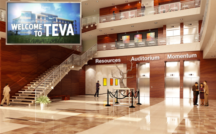 A 3D rendering of the lobby of a building named "Welcome to tea". The lobby has a high ceiling with a large screen that reads "Resources Auditorium Momentum". The floor is made of marble tiles and there are several people walking around the lobby. On the left side of the image there is a staircase leading up to the second floor. The walls are made of wood and there is an art gallery on the right side. The lobby is decorated with colorful paintings and a tree-like structure. The overall atmosphere of the space is modern and inviting.