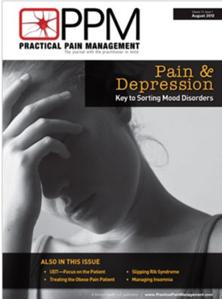The cover of a magazine titled "Practical Pain Management: Pain & Depression: Key to Sorting Mood Disorders". The cover features a black and white photograph of a young woman with her head in her hands. She appears to be in distress with her eyes closed and her head tilted back. The magazine title is written in bold white letters at the top of the cover. Below the title there is a subtitle that reads "Also in this issue: UOT-Focus on the Patient Treating the Osteo Pain Patient Sipping Rib Syndrome Managing Insomnia". The magazine's logo is also visible in the top left corner.
