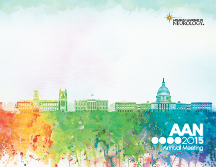A watercolor illustration of the United States Capitol building in Washington DC. The background is a light blue sky with white clouds. The building is painted in a variety of colors including green orange yellow and pink. The colors are splattered across the image creating a splatter-like effect. On the top right corner there is a logo for American Academy of Neurology which is a company that specializes in neurology. The bottom right corner of the image has the text "AAN 2015 Annual Meeting" in white letters.