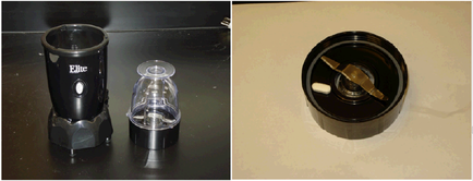 A collage of two photographs. On the left side there is a black electric blender with the word "Elite" written on it. The blender has a cylindrical body with a handle on top and a spout on the side. Next to the blender there are two small plastic containers with lids. The containers appear to be empty and are placed on a black countertype. On the right side of the image on the bottom right is a close-up of a black circular object with a small piece of wood sticking out of it. This object appears to be a part of a larger machine or equipment.