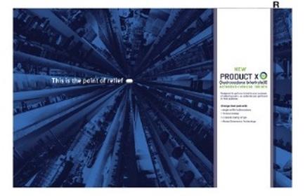 A cover page of a brochure or flyer for a product called "New Product X". The background of the page is a dark blue color with a radial pattern of lines radiating outwards from the center. The lines are arranged in a way that creates a sense of depth and dimension. The text on the page reads "This is the point of relief" in white font. Below the text there is a smaller text that reads "Product X" in a smaller font size. On the right side of the image there are two smaller text boxes with the product name and a brief description of the product. The overall design of the brochure is modern and minimalist.
