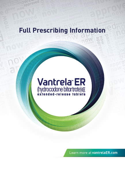 A graphic design for a full prescribing information page. It has a white background with a blue and green circular shape in the center. Inside the circle there is text that reads "cantrell ER (hydrocodone nitrate) extended-release tablets". The text is in black and is in a modern sans-serif font. The overall design is simple and minimalist.