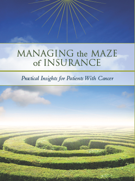 A cover of a book titled "Managing the Maze of Insurance: Practical Insights for Patients With Cancer". The cover has a blue sky with white clouds and a bright yellow sunburst at the top. The title of the book is written in white text at the bottom of the cover. In the center of the image there is a large maze-like structure made up of green bushes and shrubs. The maze appears to be winding and winding around the edges of the landscape. The overall color scheme is green and blue giving the image a peaceful and calming feel.
