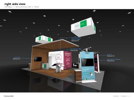 A 3D rendering of a trade show booth. The booth is made of wood and has a modern design with a curved roof. There are two large white boxes hanging from the ceiling one on top of the other. The boxes have a green and white logo on them. On the left side of the booth there is a large screen displaying information about the booth's features. On the right side there are two smaller screens displaying the same information. In front of the screens there appears to be a desk with a computer monitor and other office supplies. The background is black and the booth is lit up with bright lights.
